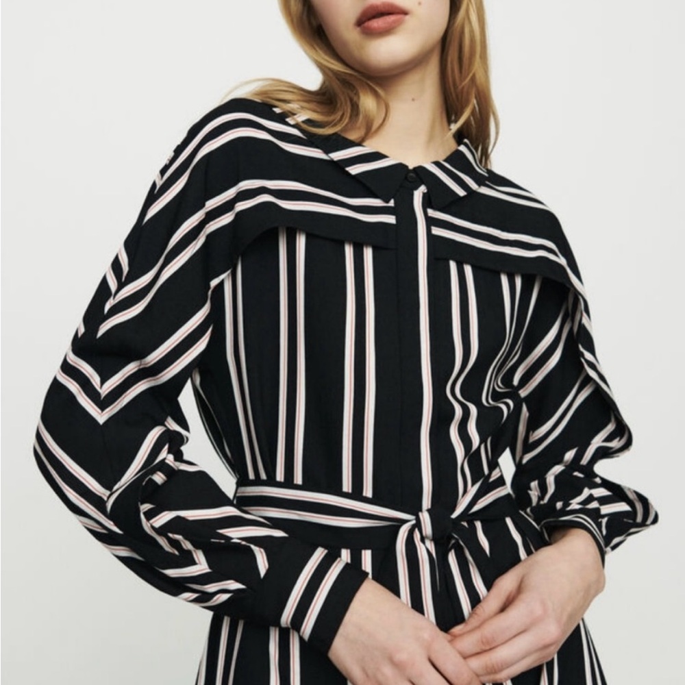 Maje Women's Black Raji Striped Shirt Dress Sz. 2 Dolman sleeves - Picture 2 of 9